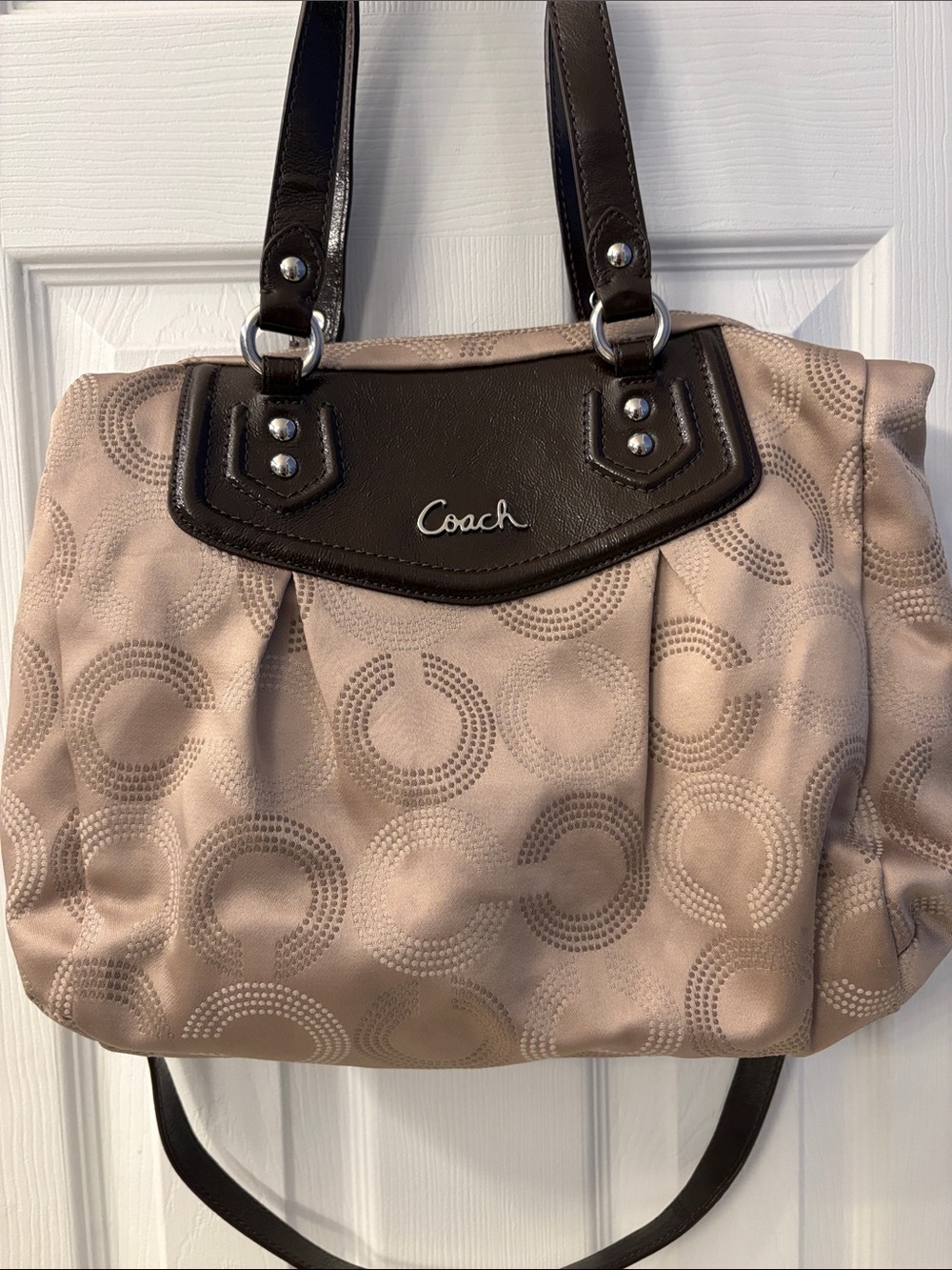 Coach Ashley Taupe Shoulder Tote with Brown Patent Leather Trim, includes Strap